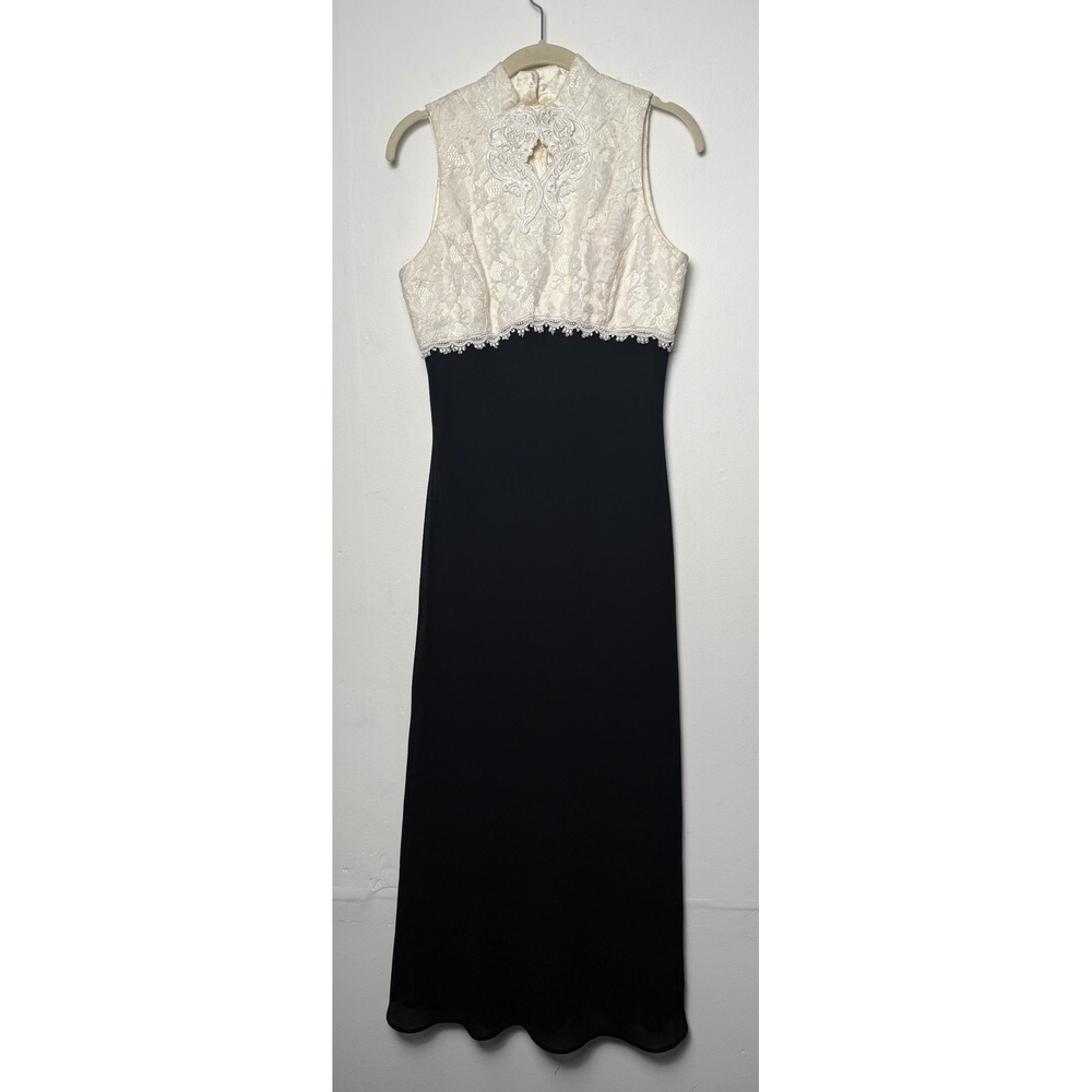 Jessica McClintock Gunne Sax Vintage Maxi Dress Cream Lace Black Formal Size 7/8